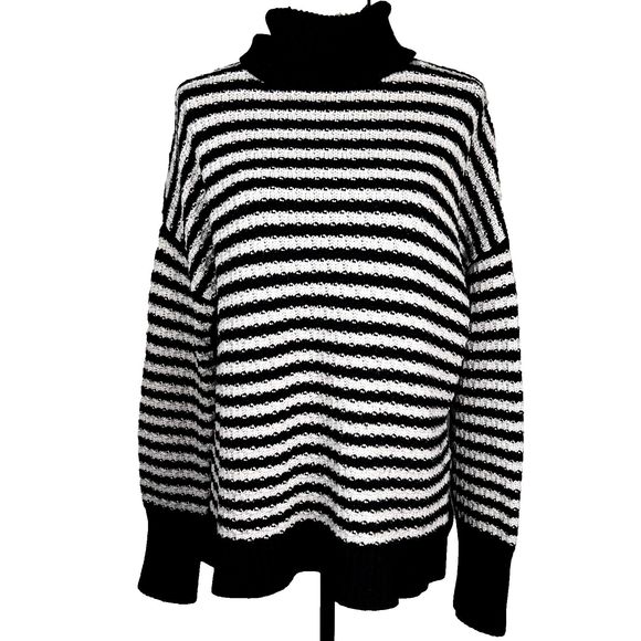 Gap Sz L Split Hem Turtleneck Sweater Merino Fine Wool Black & White Stripes - Picture 1 of 10
